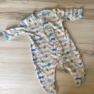 Magnetic footie pj’s w/ mittens,  no stains, washed in gentle baby detergent.